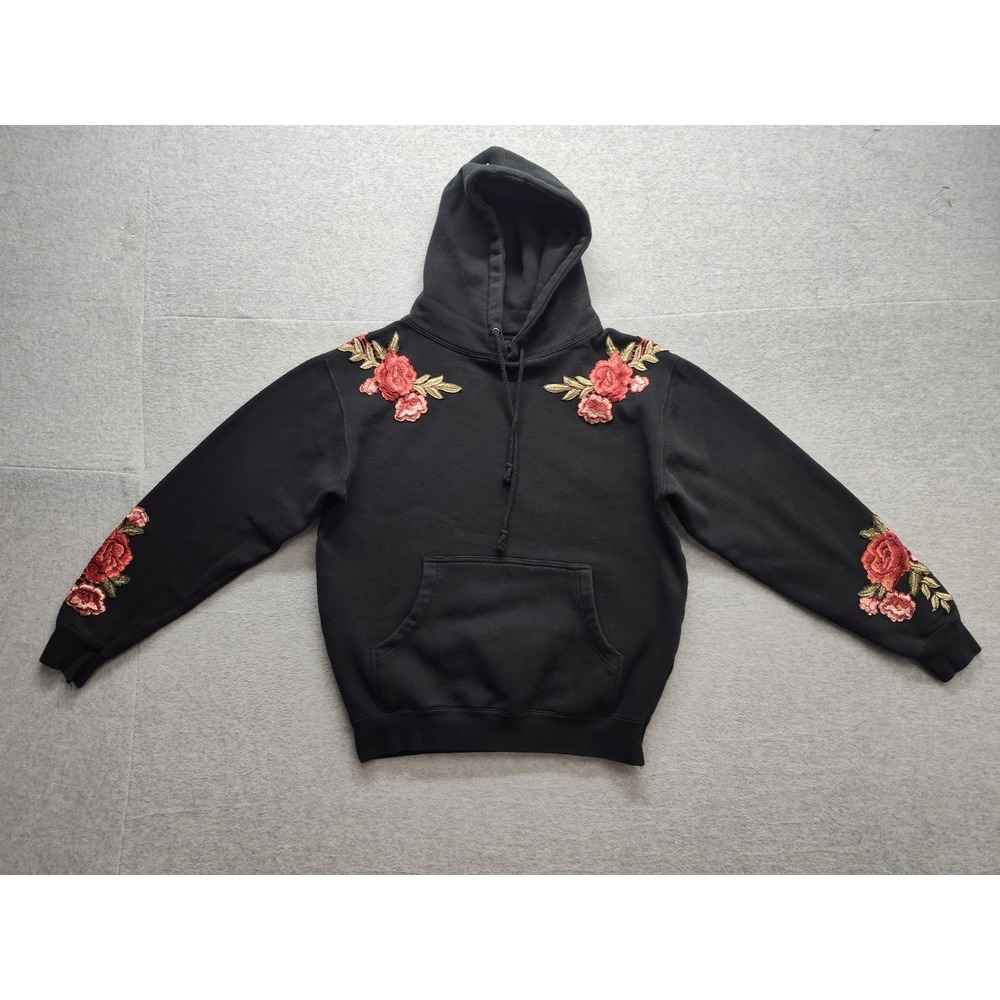Paige‎ Darren Women Hoodie M Black Floral Embroidered Red Rose Patches Pullover